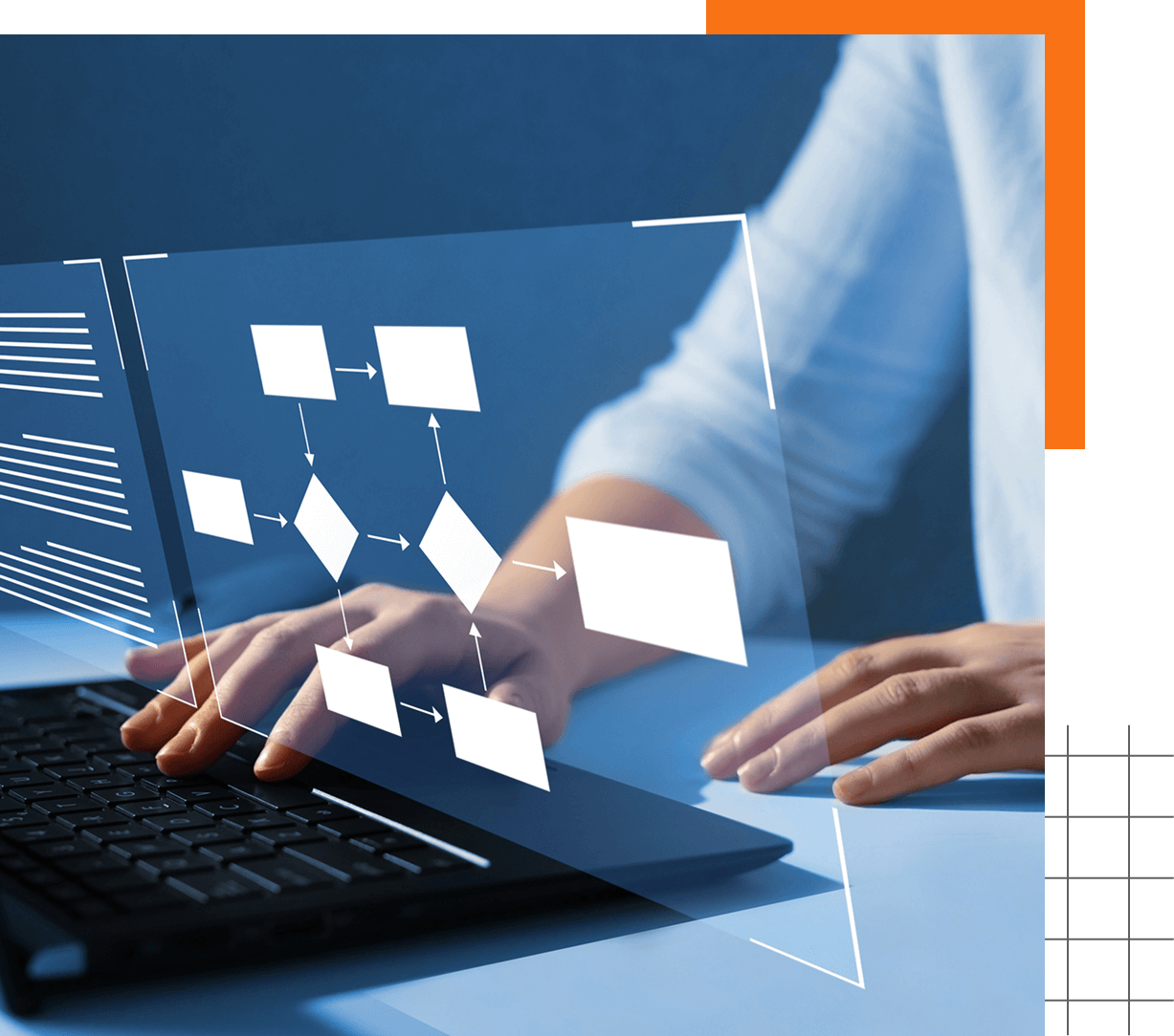 Person working on laptop with flowchart display.